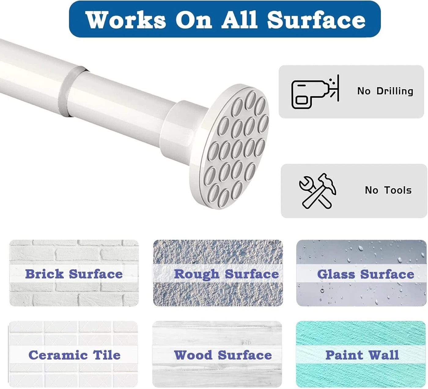 Shower Curtain Rail No Drill Tension Rod Anti-Slip Curtain 110-165CM