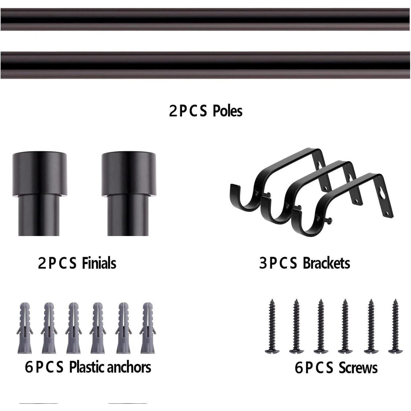 Extendable Curtain Pole Set 120-210cm Black, 16/19mm, Includes Finials, Brackets