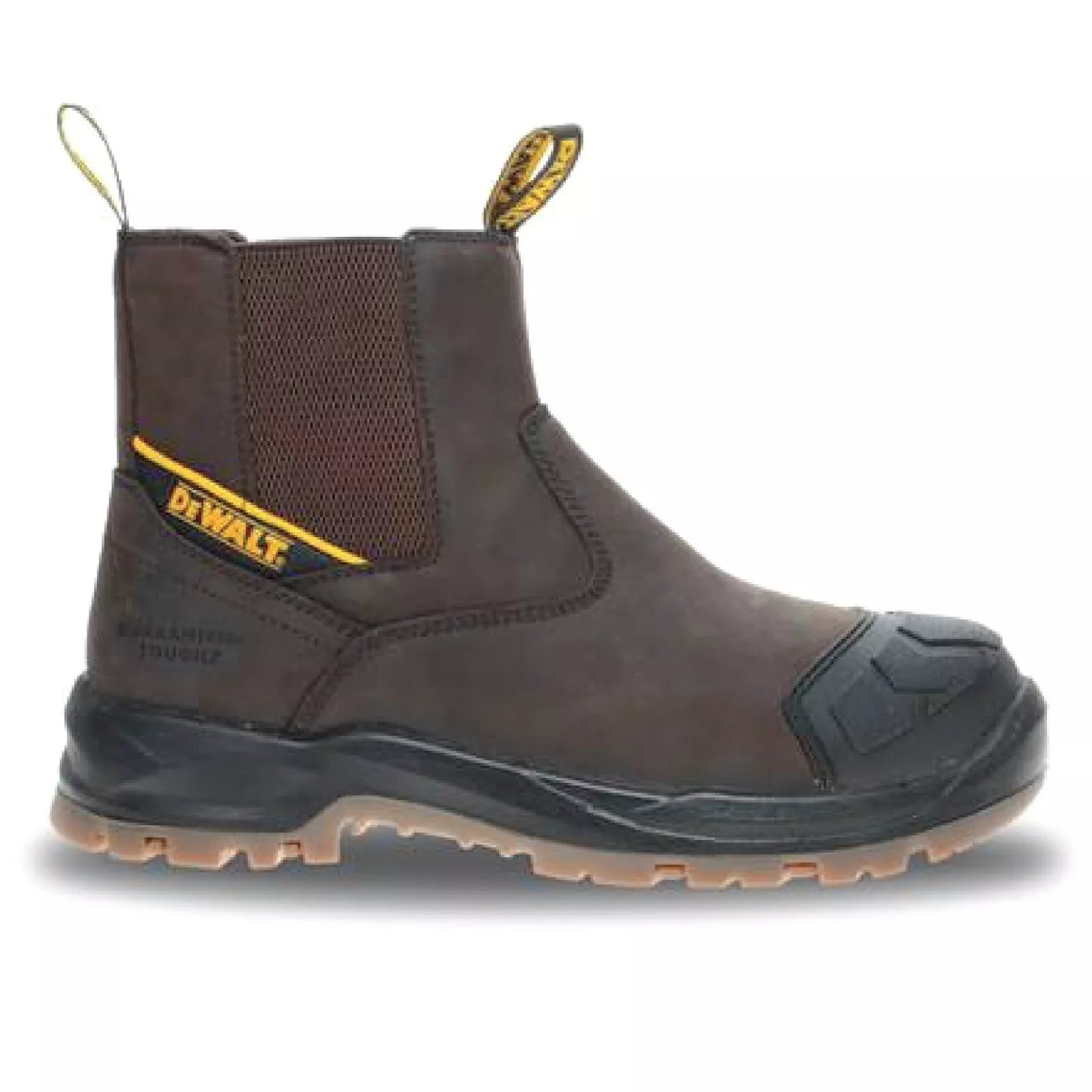Brown work boot with black sole on a white background