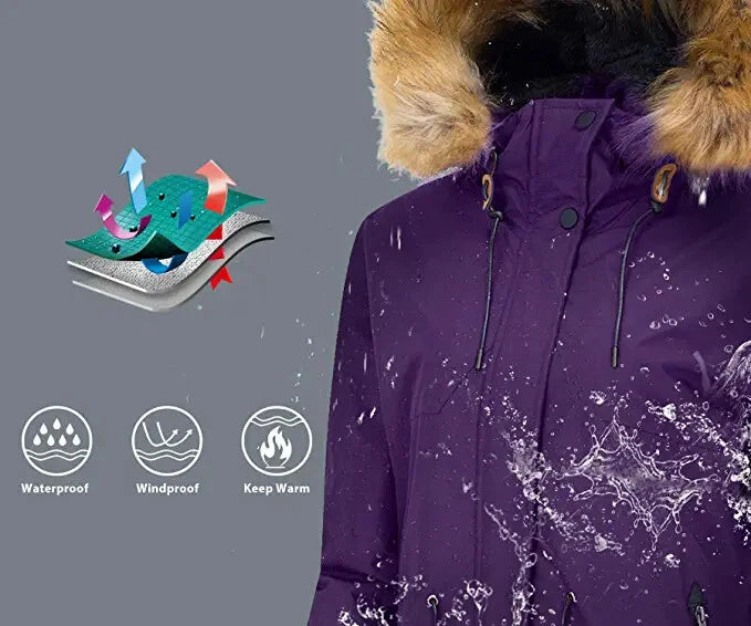 Purple jacket with fur hood and waterproof features on a gray background