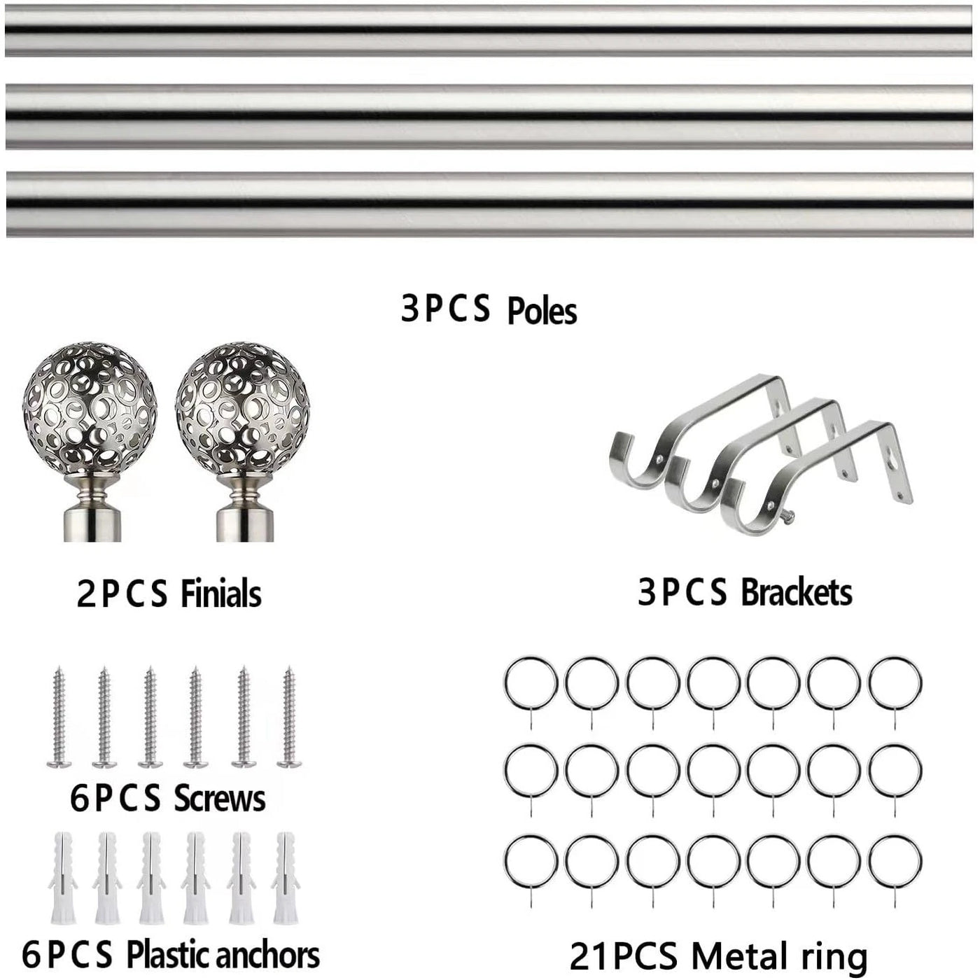 Extendable Curtain Pole 70-210 cm Nickel Ball Finials with Fittings Set