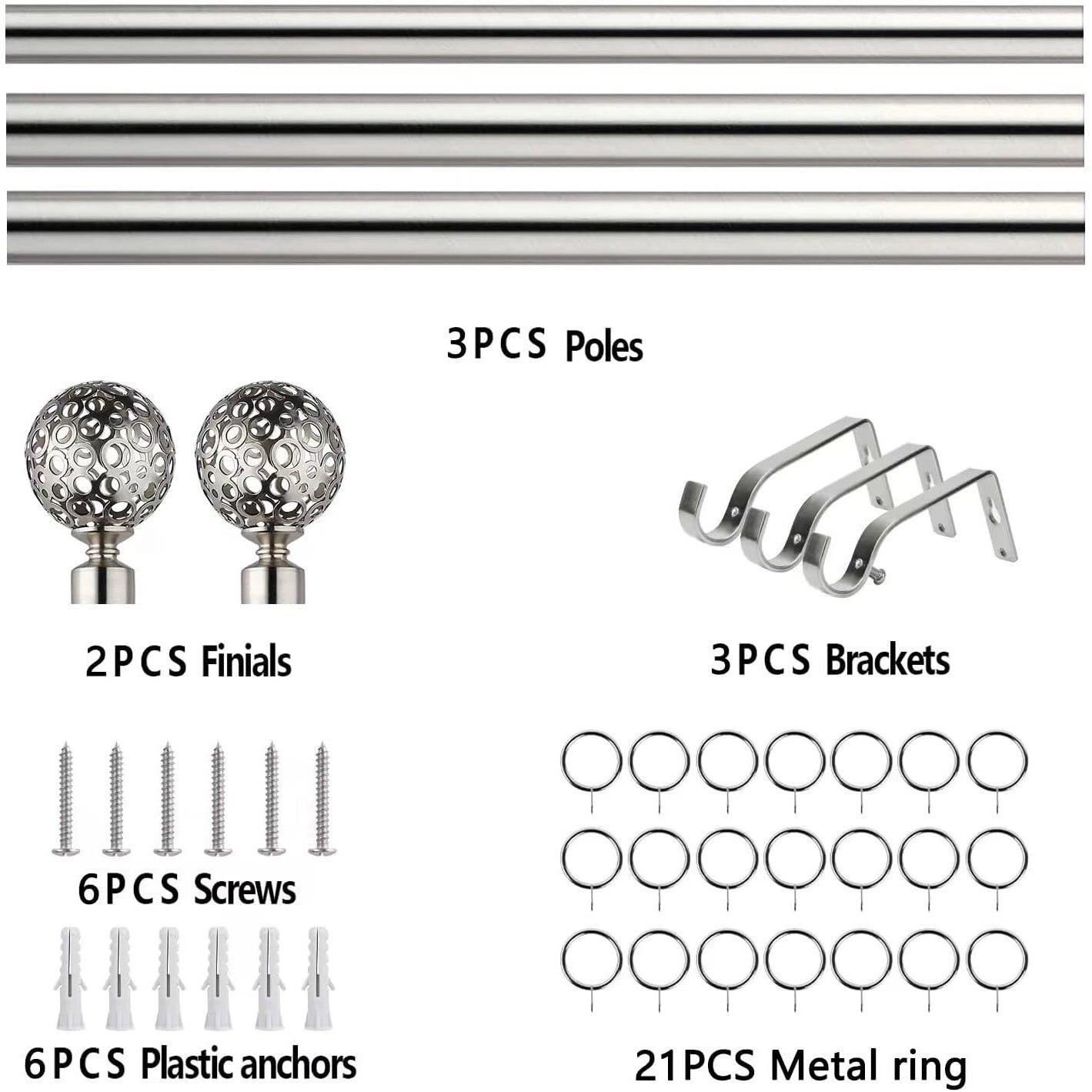 Extendable Curtain Pole 70-210 cm Nickel Ball Finials with Fittings Set