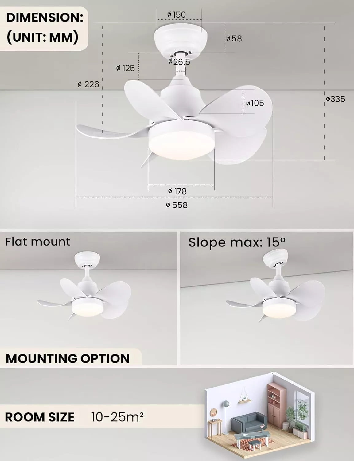 CJOY 22" Ceiling Fan with Light & Remote, Dimmable LED, Quiet Reversible Motor