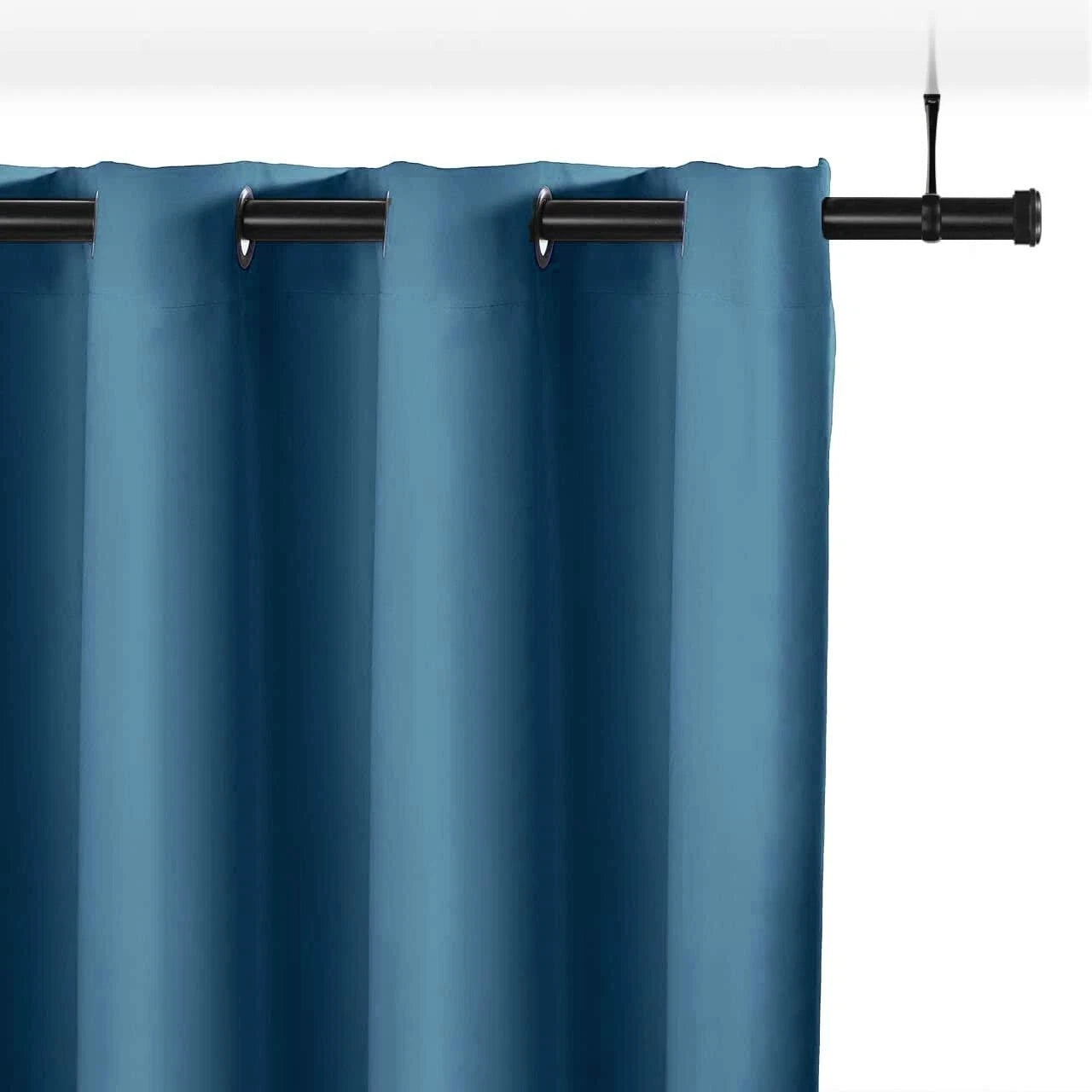 Blue curtain with black curtain rods on a white background