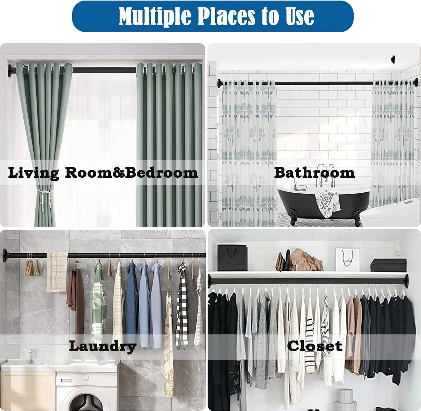 Shower Curtain Rail No Drill Tension Rod Anti-Slip Curtain 110-165CM