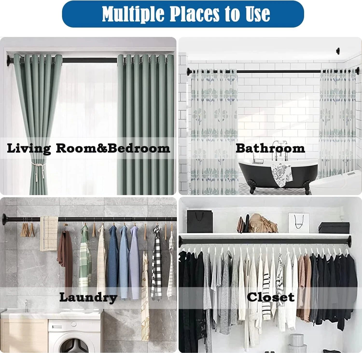Shower Curtain Rail No Drill Tension Rod Anti-Slip Curtain 110-165CM
