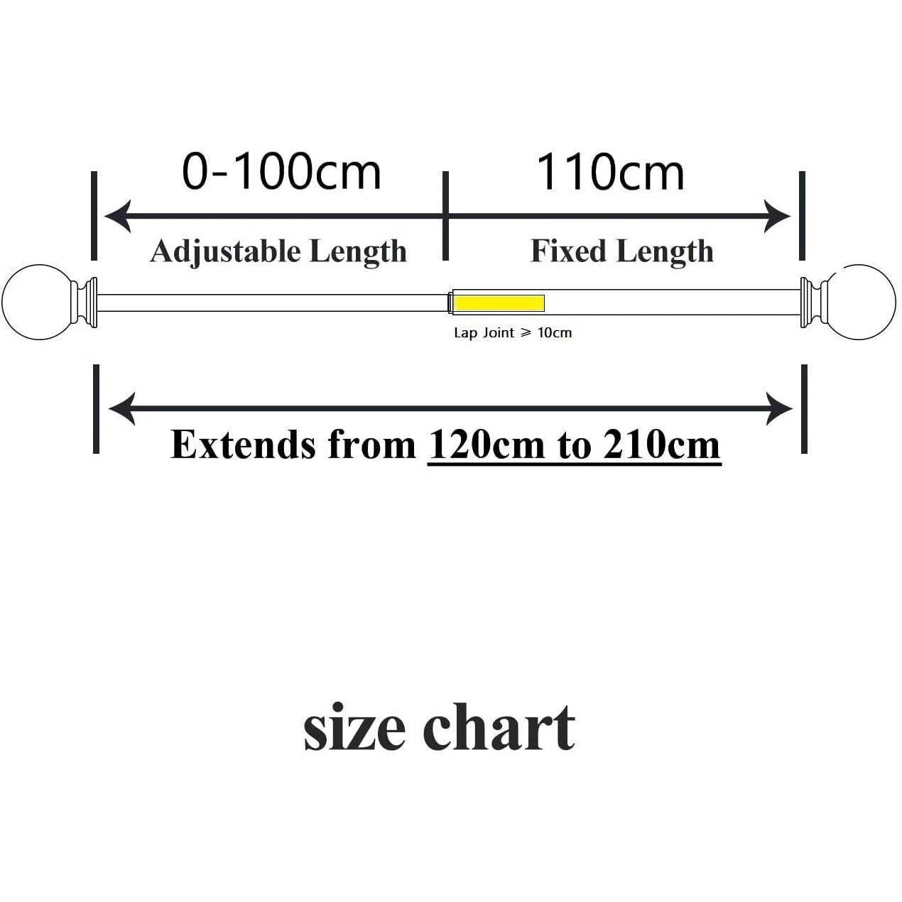 Extendable Curtain Pole Set 120-210cm Black, 16/19mm, Includes Finials, Brackets