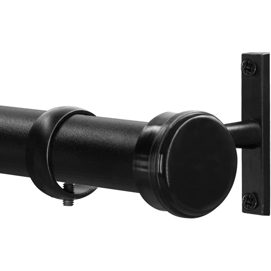Black curtain rod with wall bracket on a white background