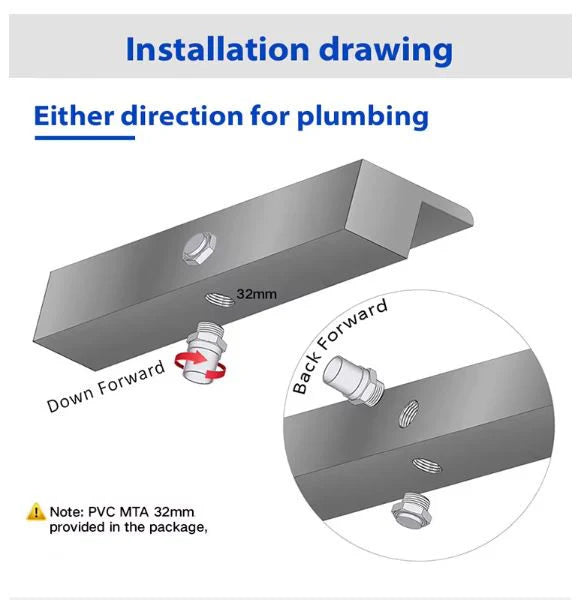 Installation drawing of a metallic shower head with plumbing directions.