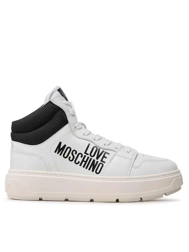 White sneaker with black accents and 'Love Moschino' branding on a white background
