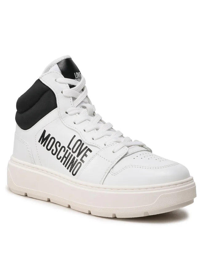 White high-top sneaker with black accents and 'Love Moschino' branding on a white background