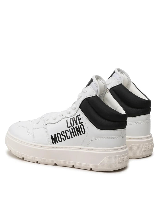 White high-top sneakers with black accents and 'Love Moschino' branding on a white background