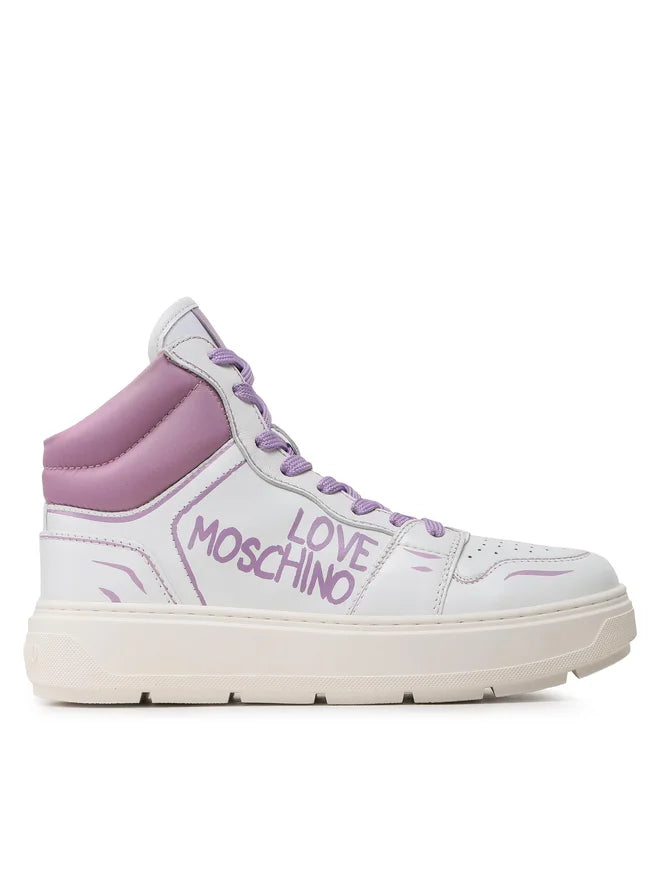 White sneaker with purple accents and 'Love Moschino' branding on a white background
