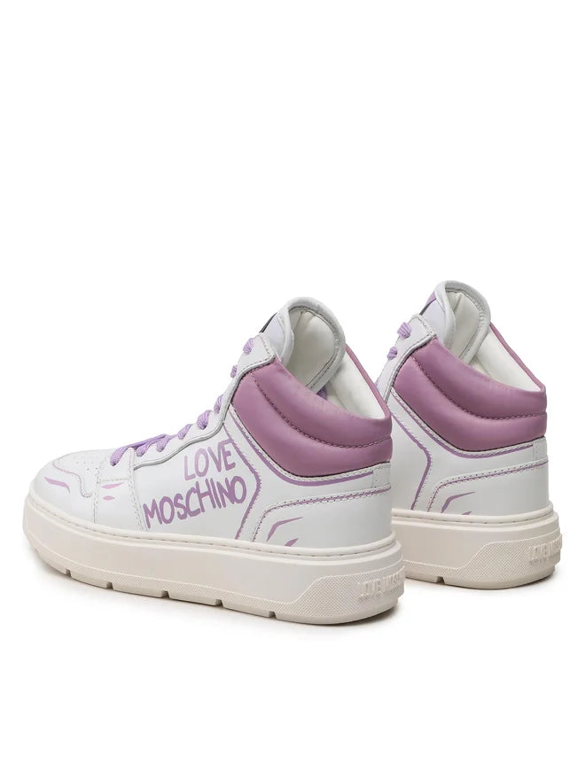 White sneakers with purple accents and 'Love Moschino' branding on a white background
