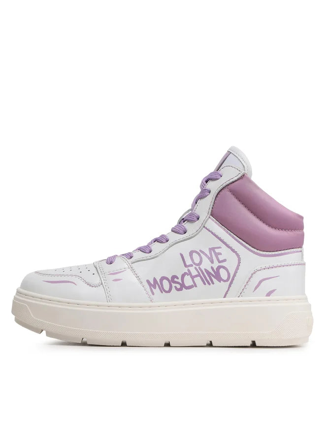 White sneaker with purple accents and 'Love Moschino' branding on a white background