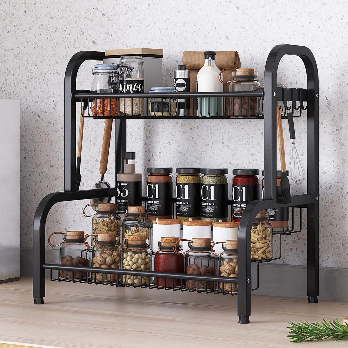Spices Organizers, Spice Rack 2 Tier Kitchen Countertop with 7 Hooks - Massive Discounts