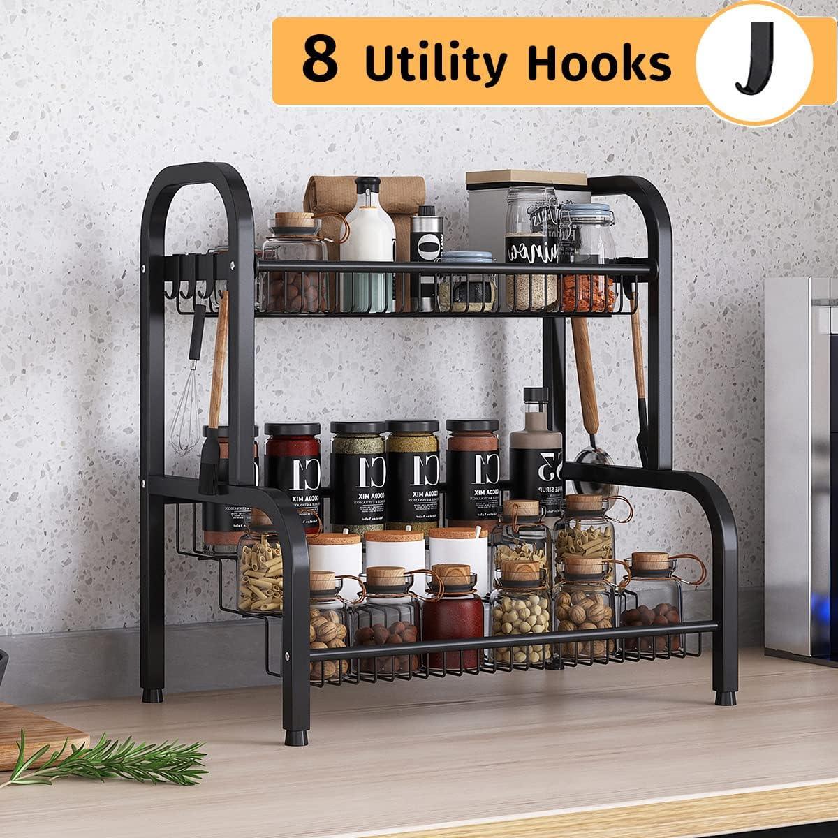Spices Organizers, Spice Rack 2 Tier Kitchen Countertop with 7 Hooks - Massive Discounts