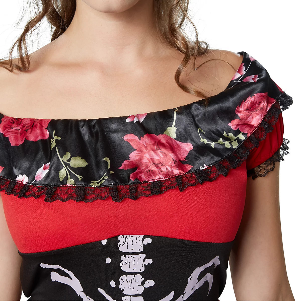 Close-up of a dress with floral and skeleton design on a white background