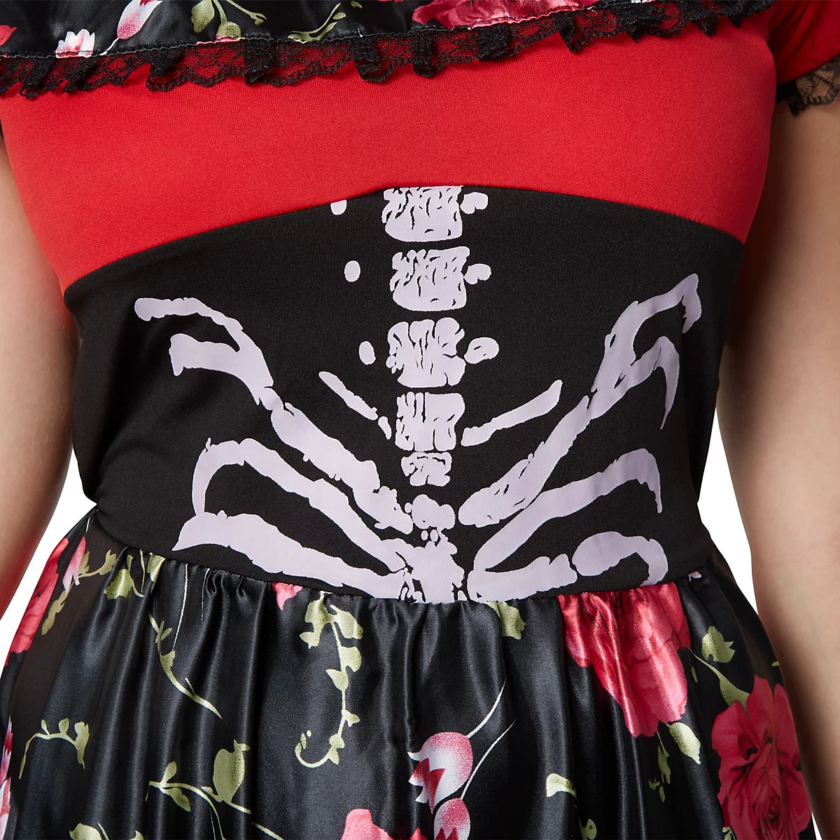 Dress with red top, black skeleton print, and floral skirt.