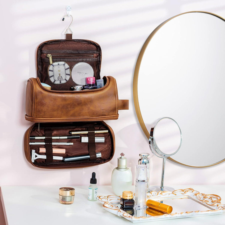 Elviros Toiletry/Travel Bag, size L, Leather, Makeup Organizer, Double-Layer - Massive Discounts