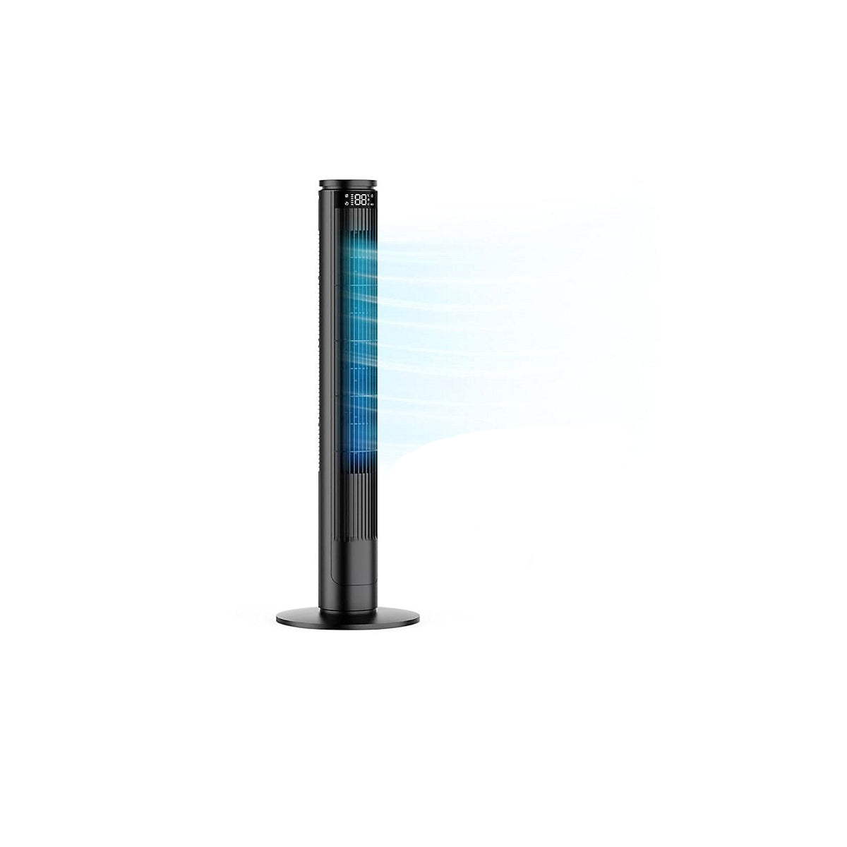 A black tower fan with a blue illuminated airflow indicator, shown standing on a white background.