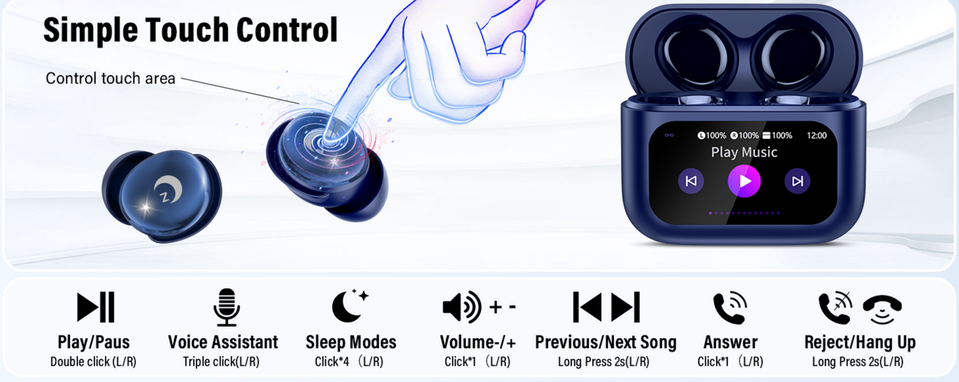Wearable device with touch controls and music playback interface on a white background