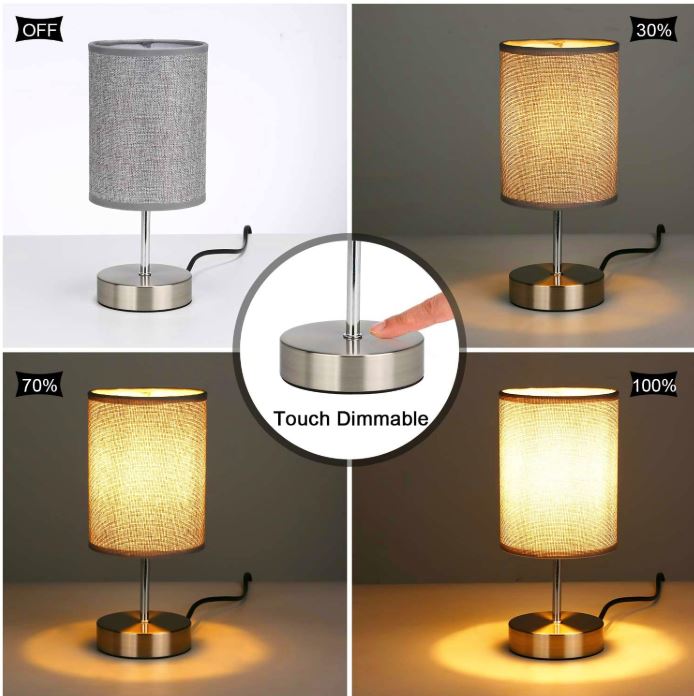 Table lamp with touch dimmable feature shown in various stages of brightness.