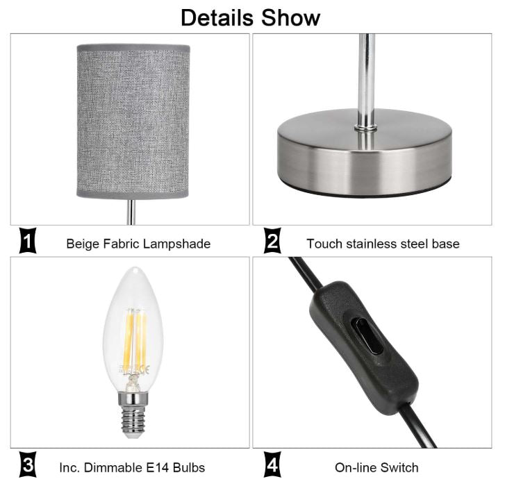 Product details of a lamp with beige fabric lampshade, touch stainless steel base, incandescent bulbs, and on-line switch.
