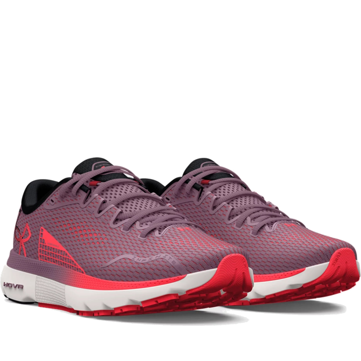 Purple running shoes with red accents on a white background