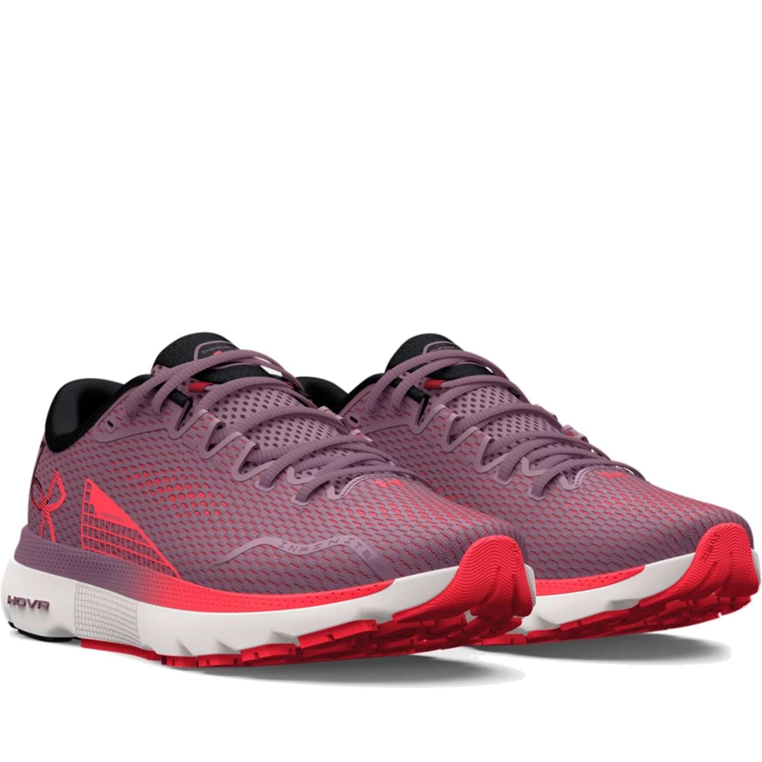 Purple running shoes with red accents on a white background