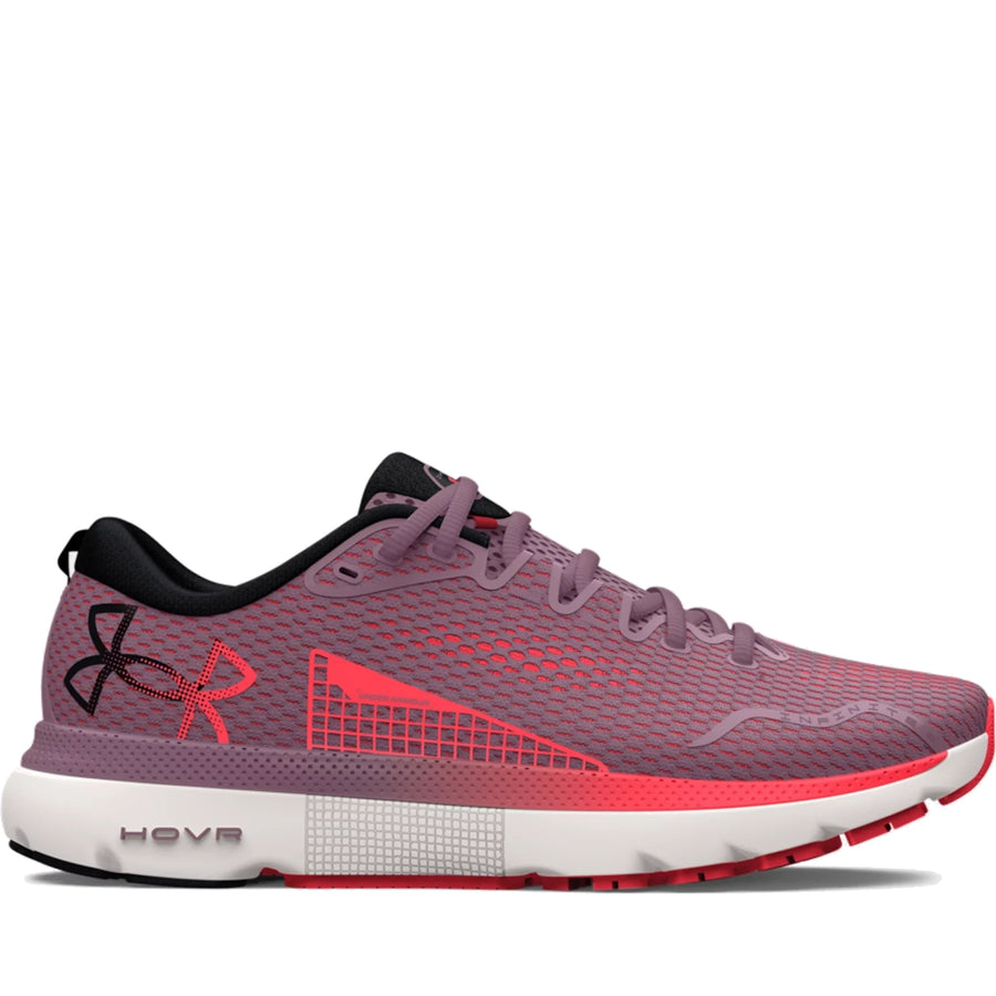 Purple running shoe with red accents on a white background