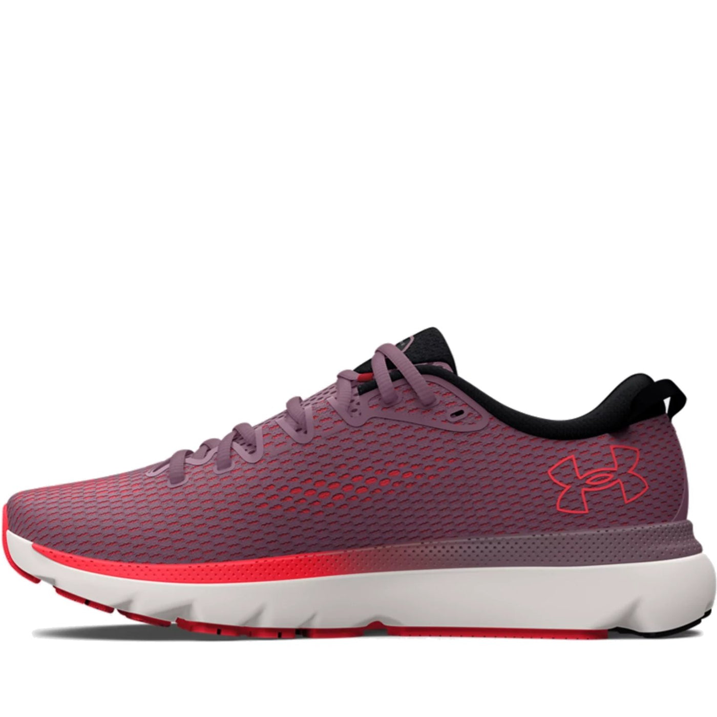 Purple running shoe with red accents on a white background