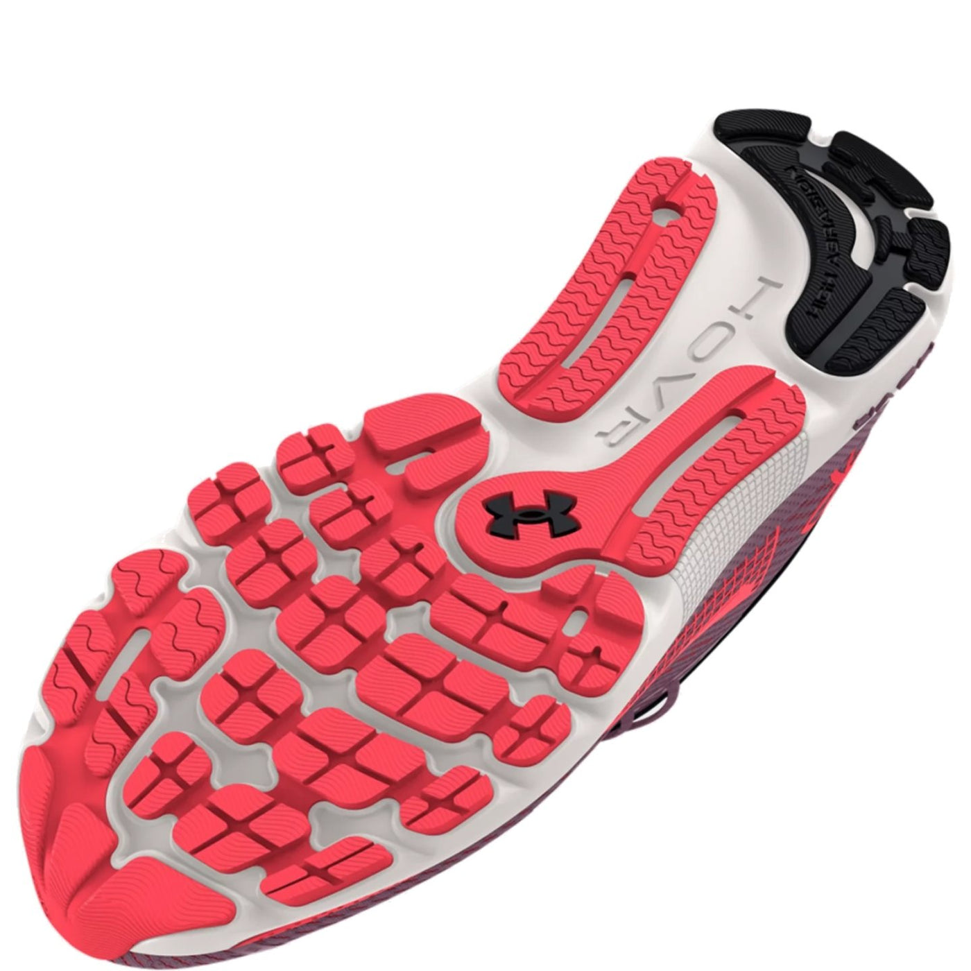Close-up of a red and white athletic shoe sole with a brand logo on a white background