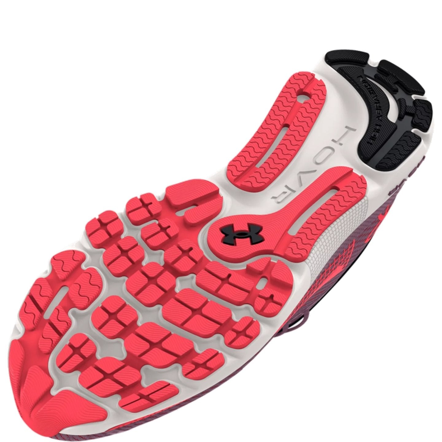 Close-up of a red and white athletic shoe sole with a brand logo on a white background