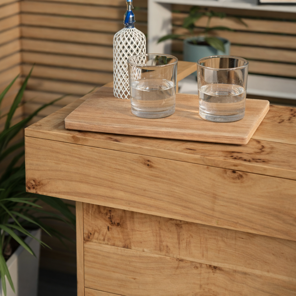 Two glasses of water on a wooden surface with a plant in the background