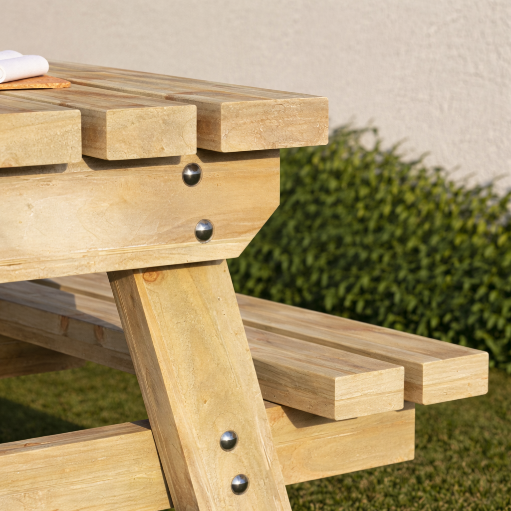 Wooden picnic table with bench seats in an outdoor setting