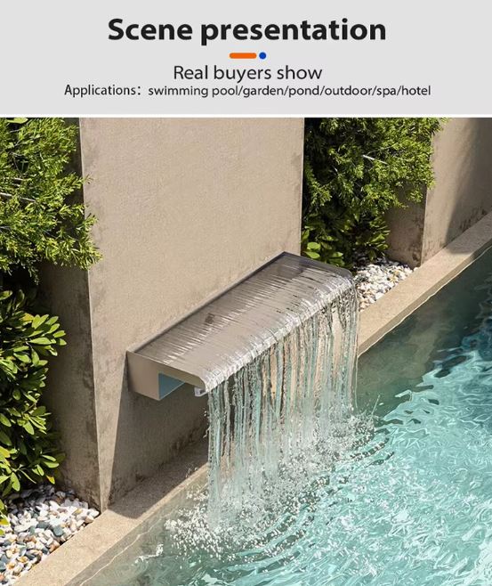 Water feature spilling into a pool with text about real buyers show and application scenarios.