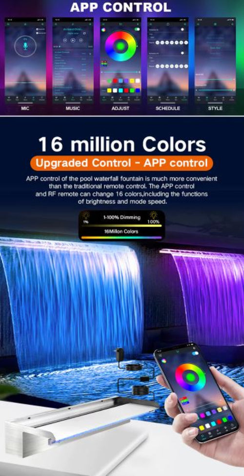 Smartphone app control for pool water fountain with 16 million color options.