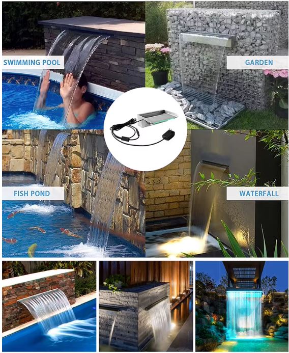 Collage of outdoor water features including a swimming pool, garden fountain, fish pond, and waterfall.