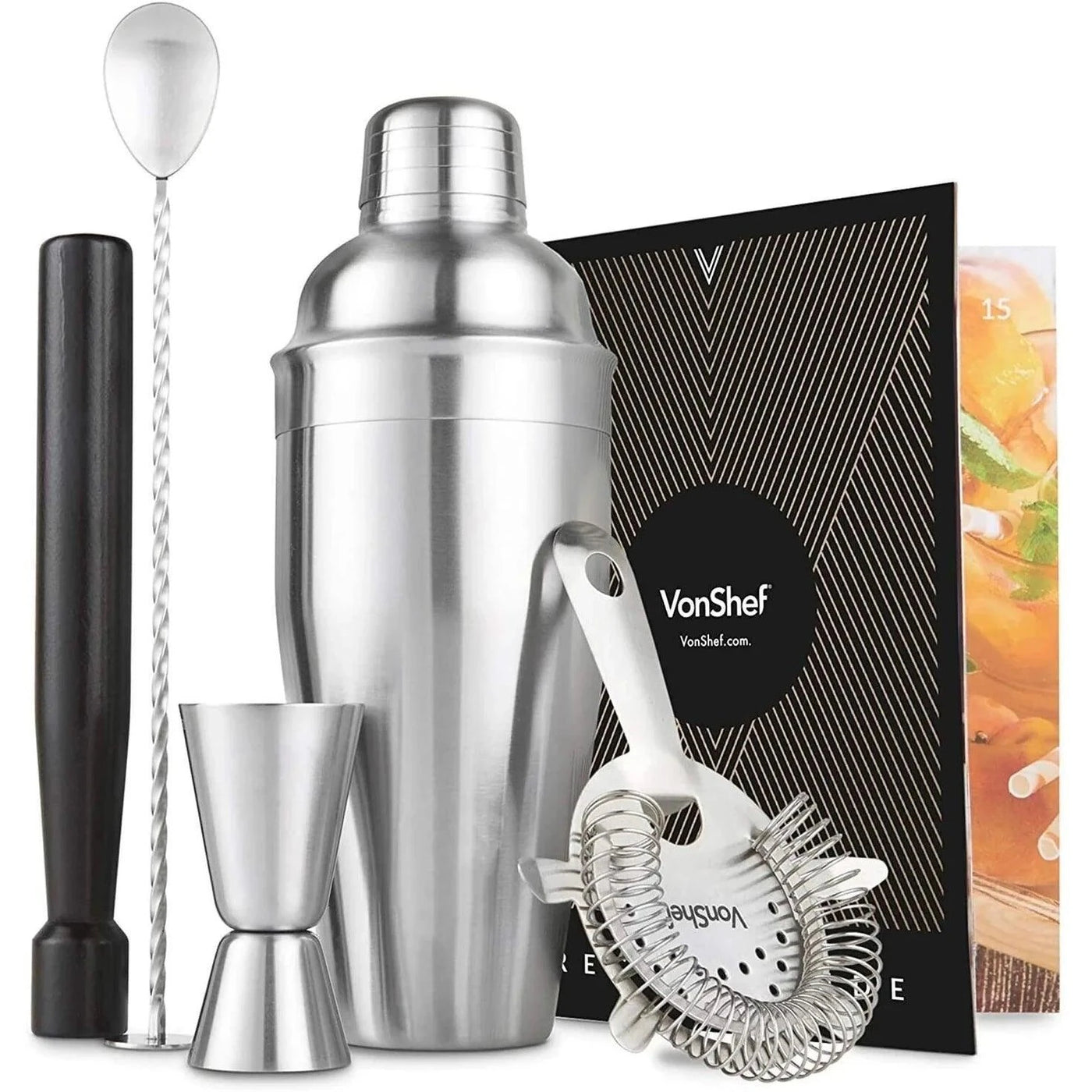 VonShef Silver Cocktail Making Set 5pc Manhattan Cocktail Shaker - Massive Discounts