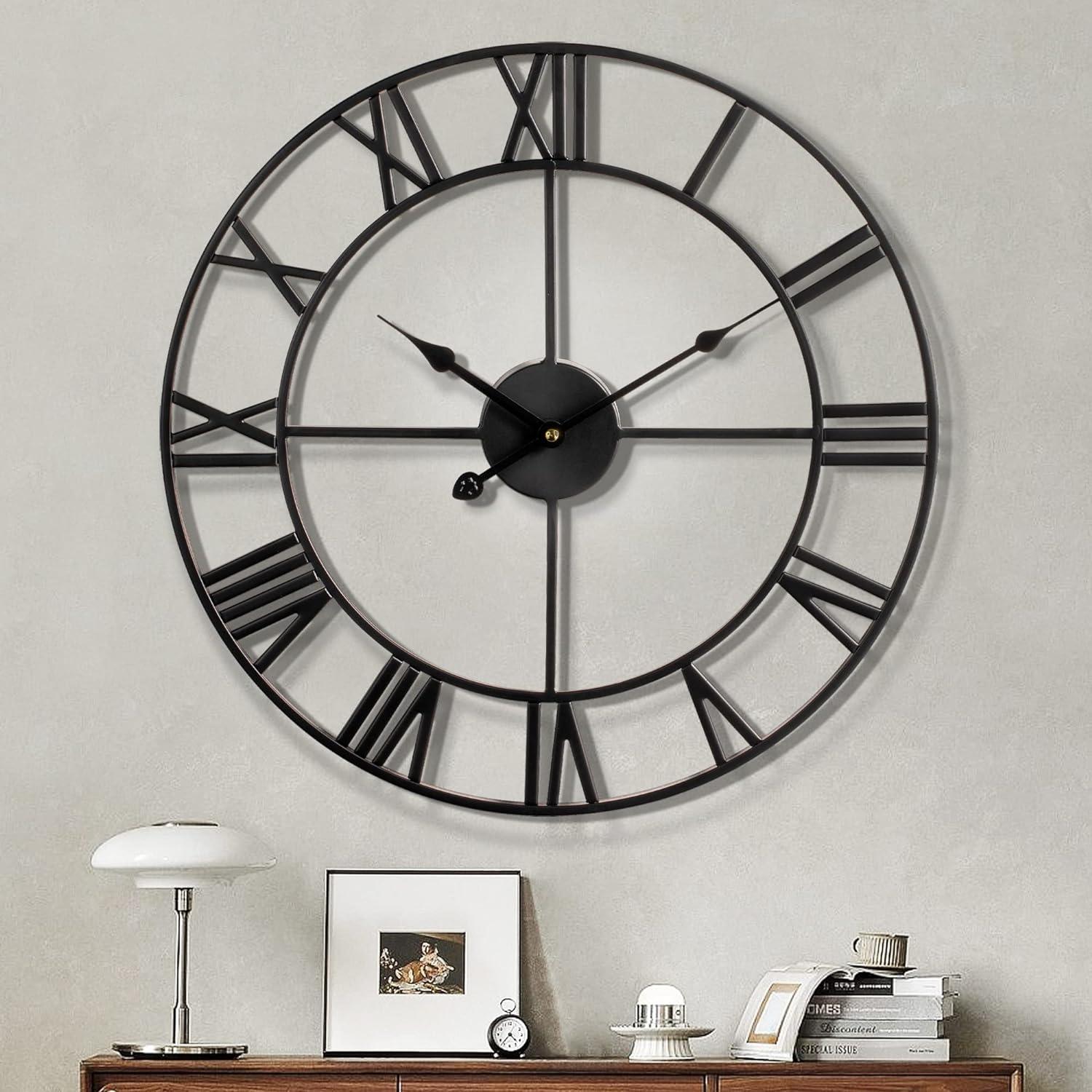 Wall Clocks Roman Numerals Non Ticking Round Metal For Living Room 40cm Black - Massive Discounts