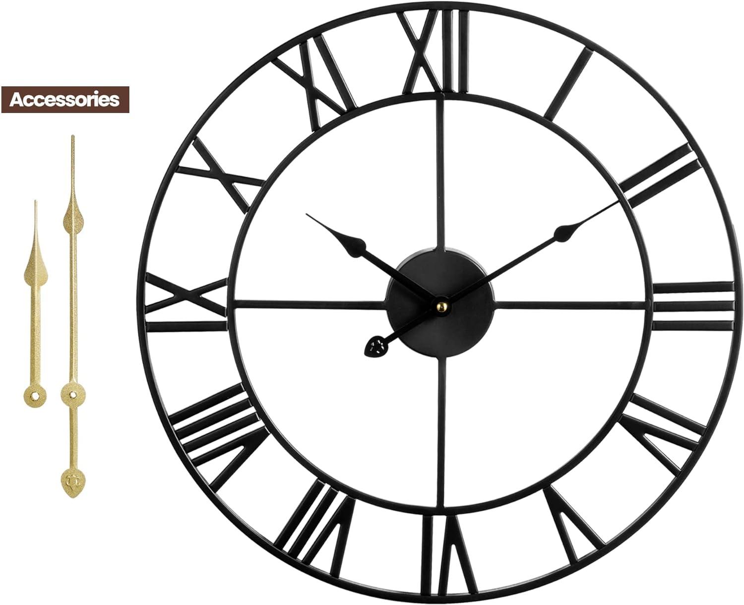 Wall Clocks Roman Numerals Non Ticking Round Metal For Living Room 40cm Black - Massive Discounts