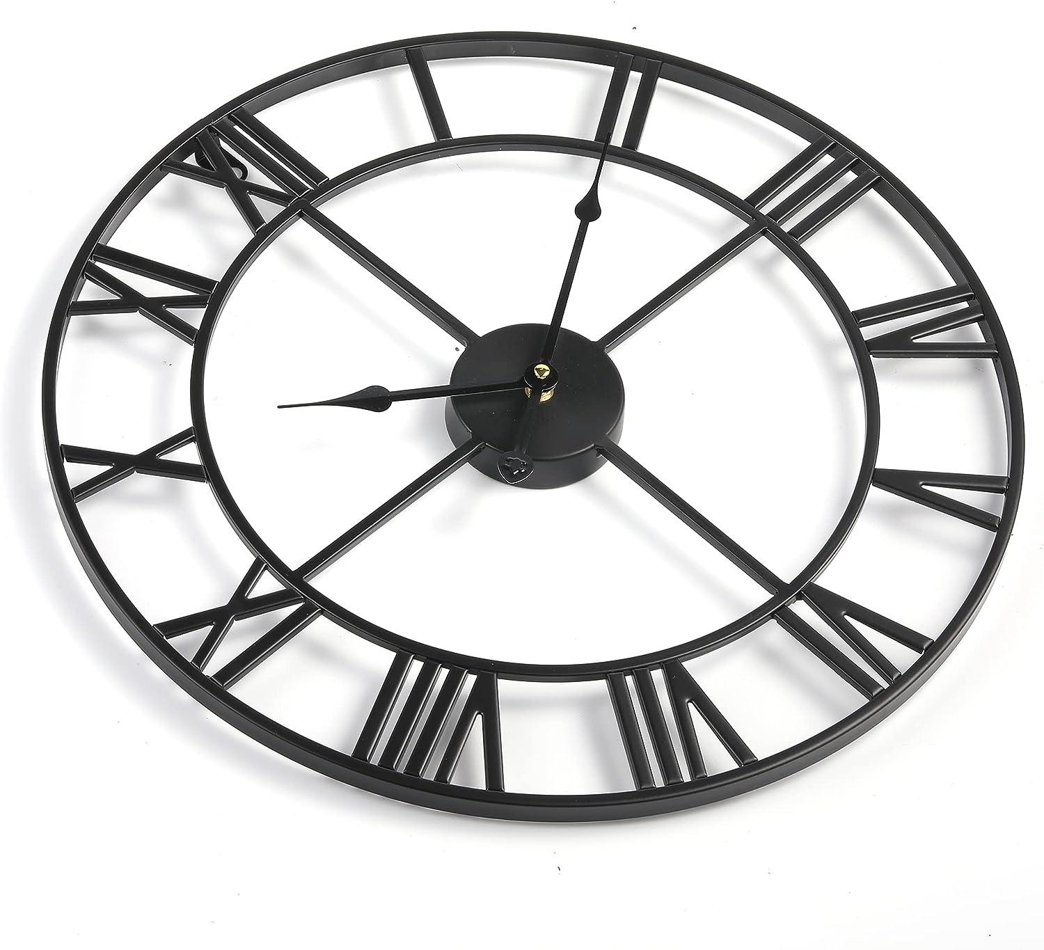 Wall Clocks Roman Numerals Non Ticking Round Metal For Living Room 40cm Black - Massive Discounts