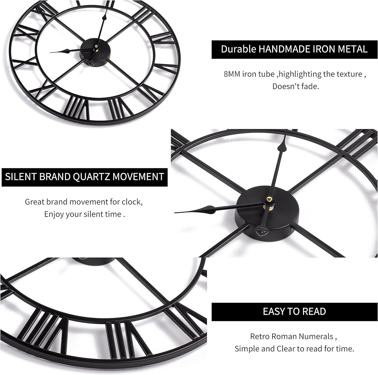 Wall Clocks Roman Numerals Non Ticking Round Metal For Living Room 40cm Black - Massive Discounts