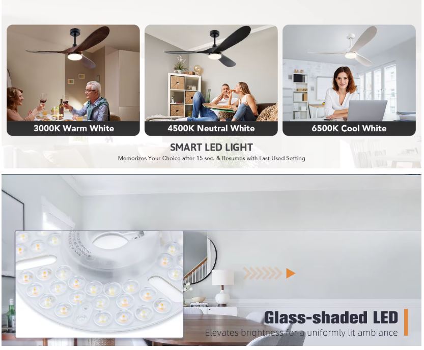 Ceiling Fan With Light 52 Inch LED Remote Dimmable ABS Blades 3000K-6500K