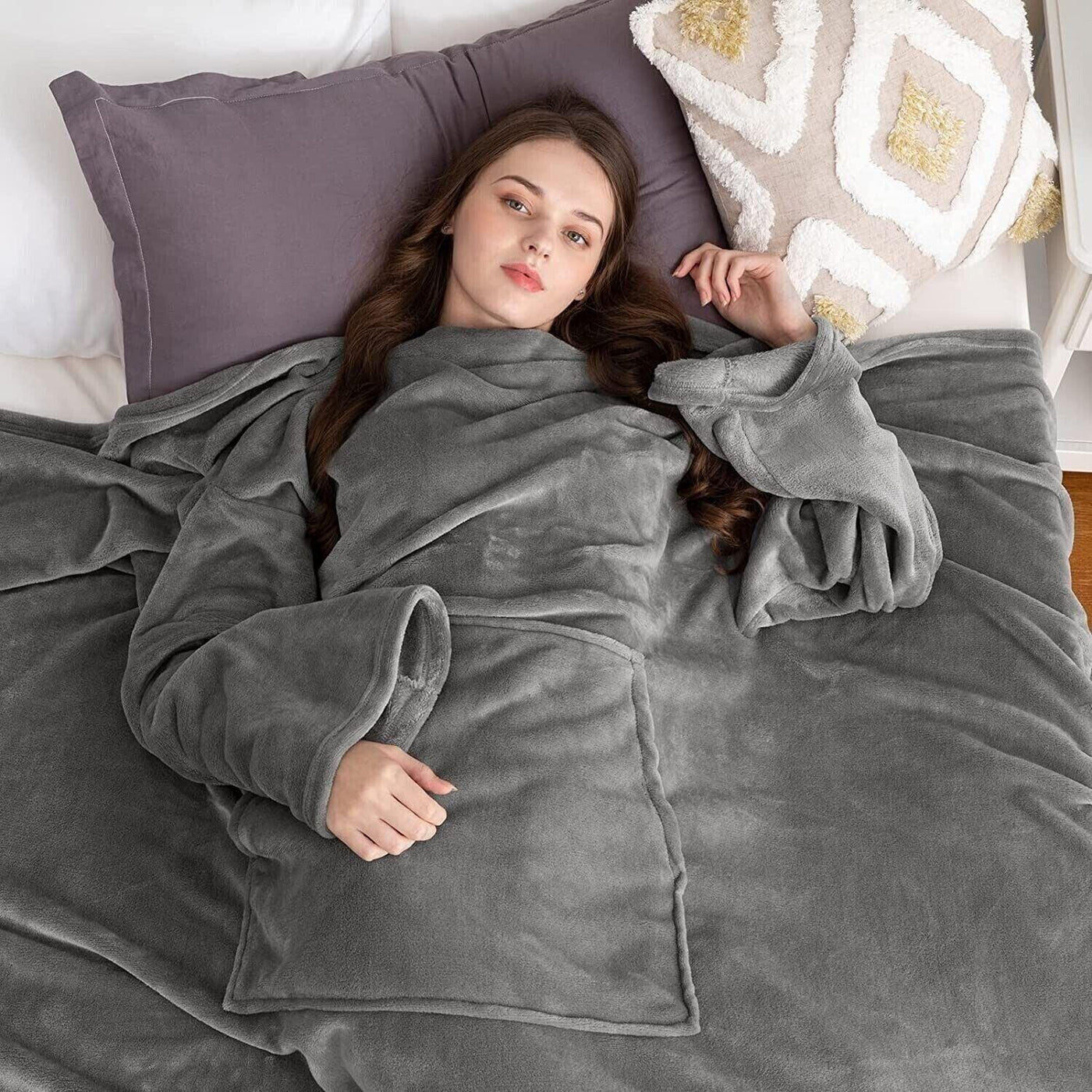 Wearable Blanket with Sleeves Grey Fluffy Plush Slankets 170x200cm - Massive Discounts