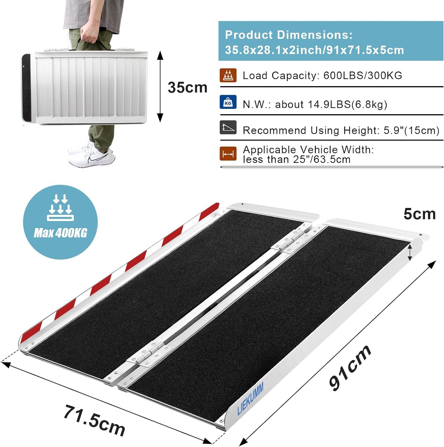 Wheelchair Ramp, 90x71cm Aluminum with Non-Skid Surface Foldable 300kg - Massive Discounts