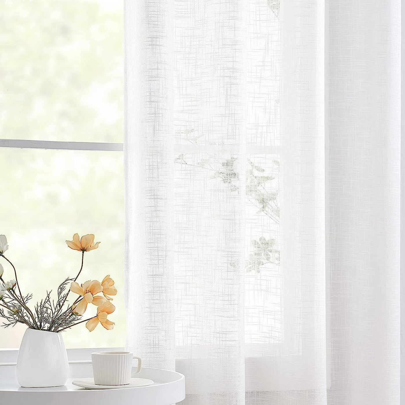 White Curtains 90x52in Semi Sheer Linen Curtain Panels 2pcs - Massive Discounts