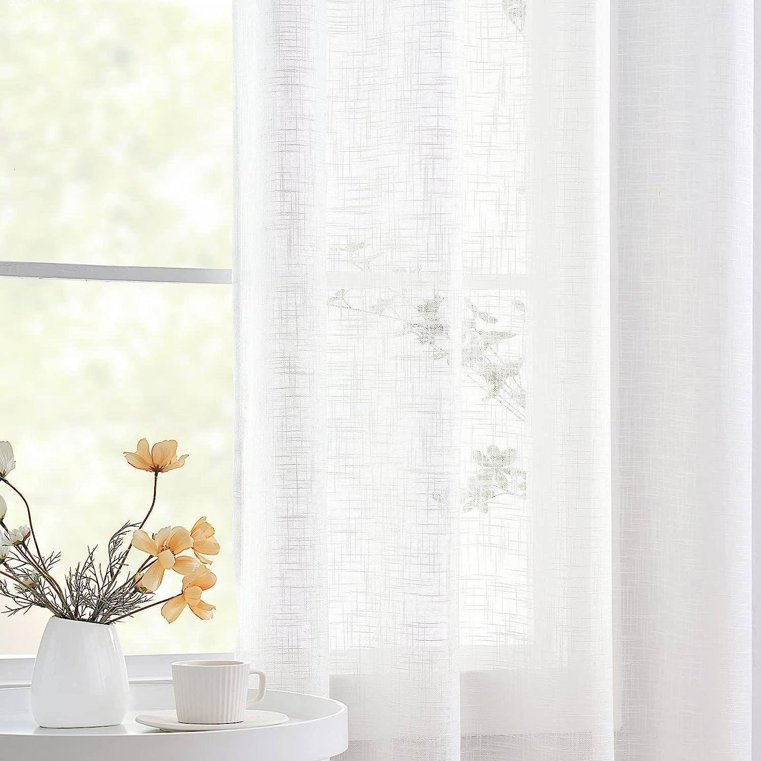 White Curtains 90x52in Semi Sheer Linen Curtain Panels 2pcs - Massive Discounts