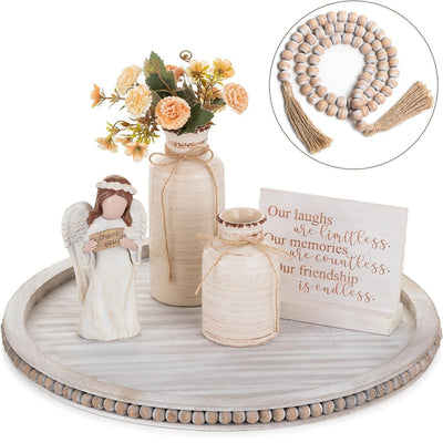 Round Decorative Wooden Tray 18 Inch Beaded Centerpiece Coffee Tray Boho HANOBE